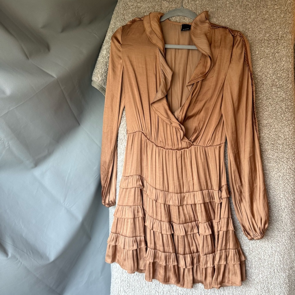 Pinko Tan Long Sleeve Ruffle Dress
